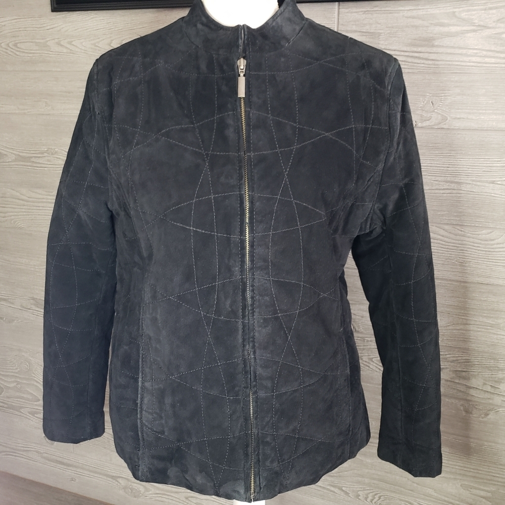 Vintage Luis Alvear Black Quilted Suede Leather Jacket Women's Size Large